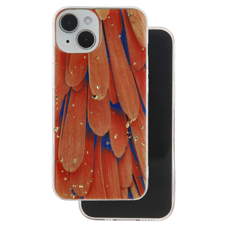 Husa Apple iPhone 15, Gold Glam, Orange Feathers