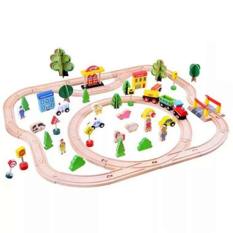Traseu din lemn Kids Toyland, cu masinute si accesorii, 80 piese