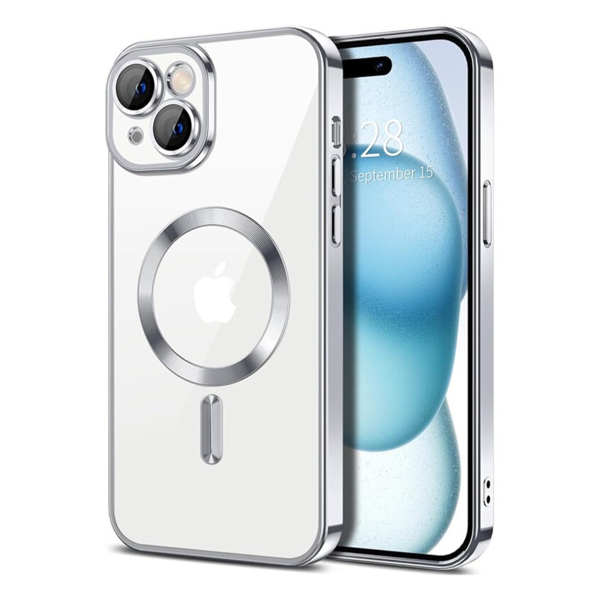 Husa Apple iPhone 14, Magsafe Electroplating TPU, protectie camera, margini argintii