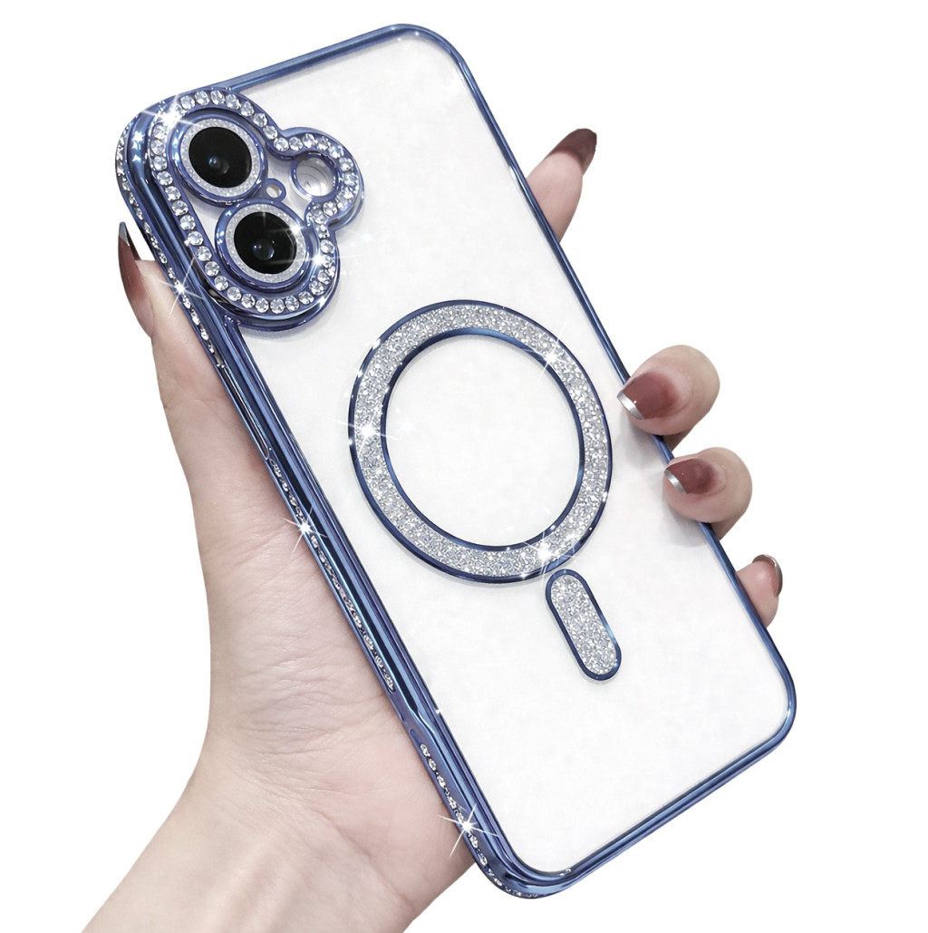 Husa Apple iPhone 16, Electroplating Bling Magsafe, protectie camera, margini albastre