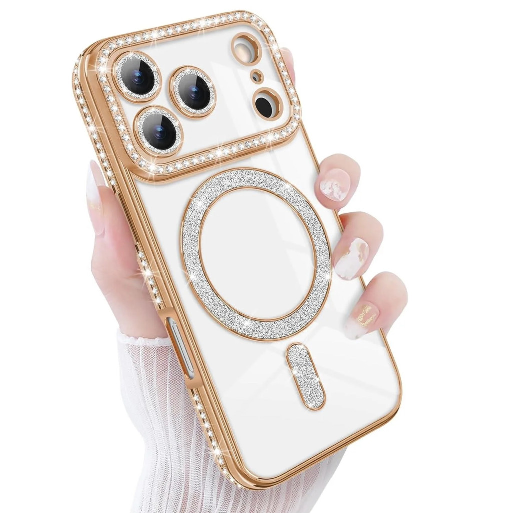 Husa Apple iPhone 17 Pro Max, Electroplating Bling Magsafe, protectie camera, margini aurii