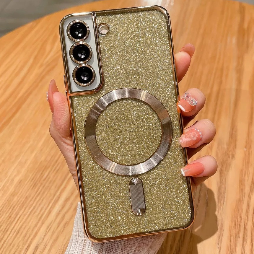 Husa Samsung Galaxy S23, Electroplating Magsafe Glitter TPU, protectii lentile camere, aurie