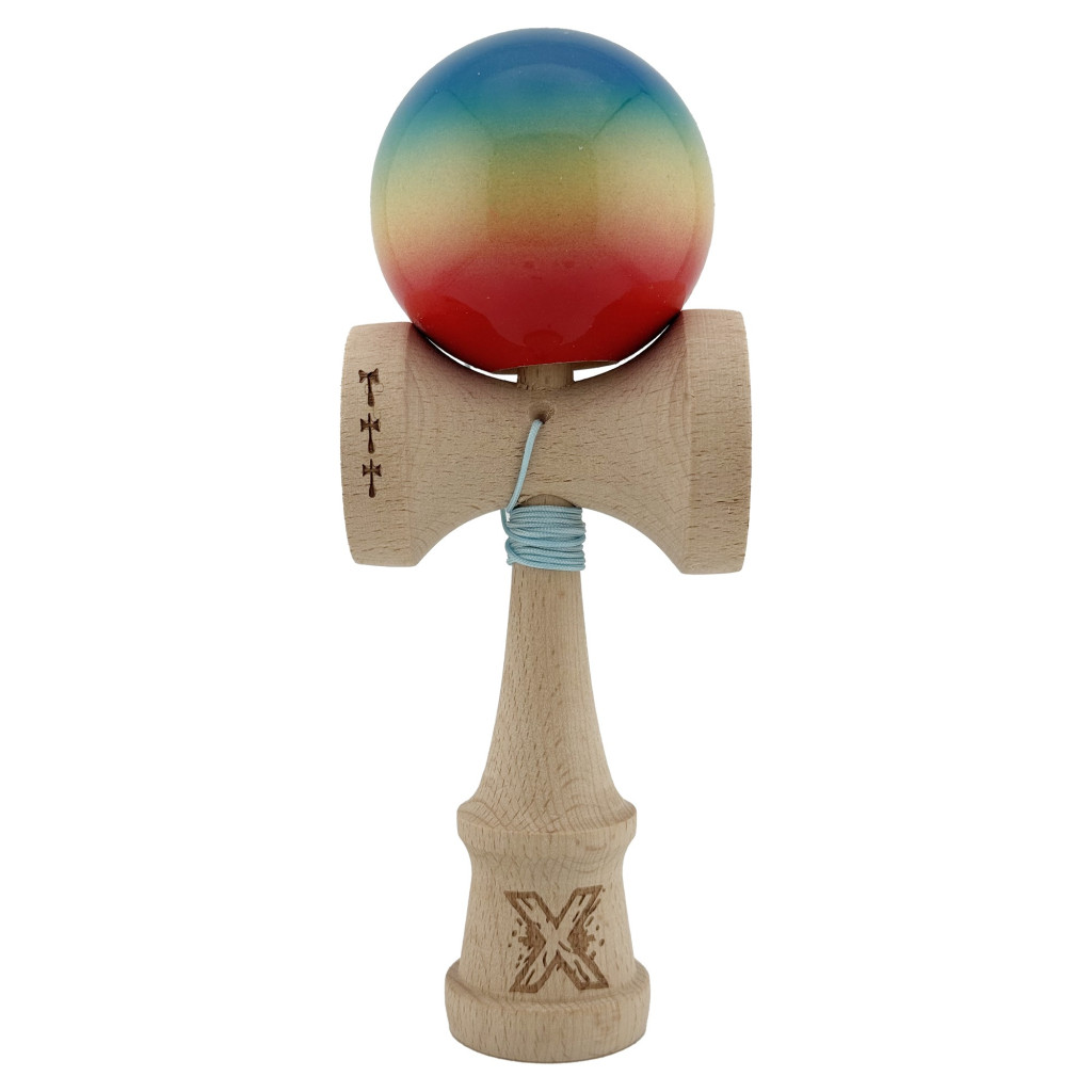Jucarie lemn Kendama X, Super Sticky, cupe mari V2, rulment, ata rezerva, rosu/galben/albastru