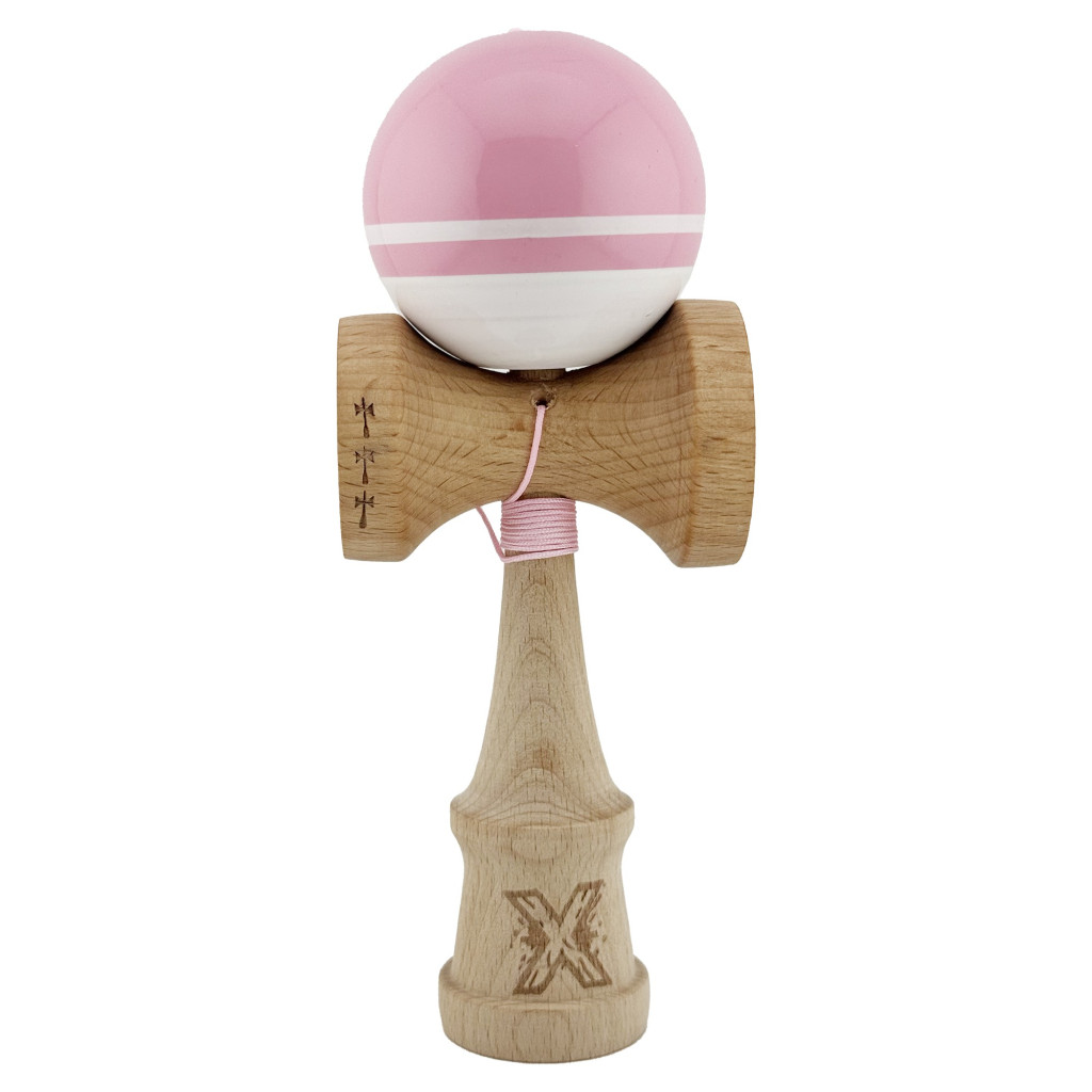 Jucarie lemn Kendama X, Super Sticky, cupe mari V2, gaura in basecup, rulment, ata rezerva, roz/alb
