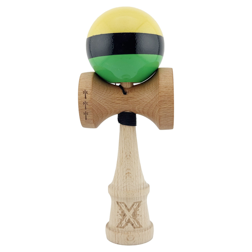 Jucarie lemn Kendama X, Super Sticky, cupe mari V2, gaura in basecup, rulment, ata rezerva, galben/negru/verde