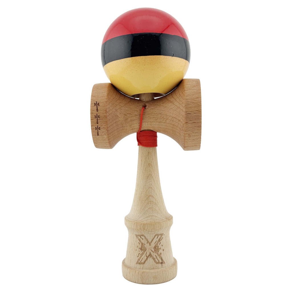 Jucarie lemn Kendama X, Super Sticky, cupe mari V2, gaura in basecup, rulment, ata rezerva, rosu/negru/galben
