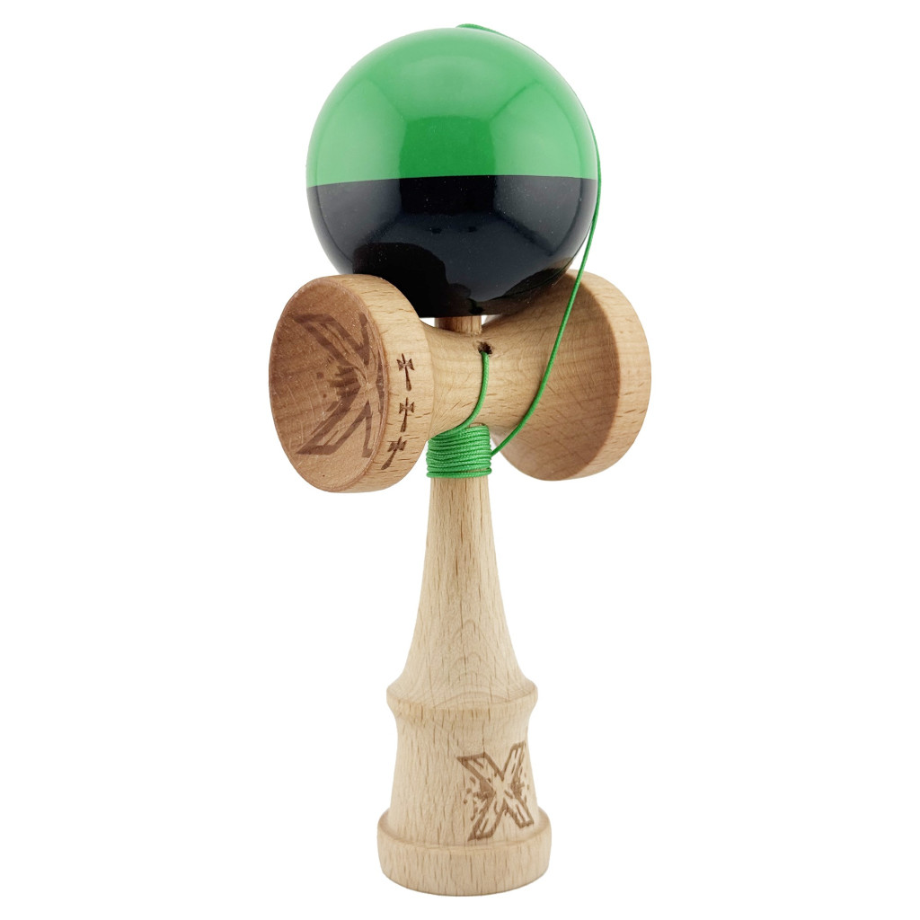 Jucarie lemn Kendama X, Super Sticky, cupe mari V2, gaura in basecup, rulment, ata rezerva, verde/negru