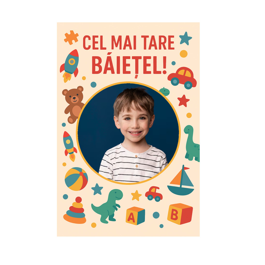 Magnet foto personalizat cu imaginea ta, sidefat, 9.5 x 5 cm, rama Cel mai tare baietel